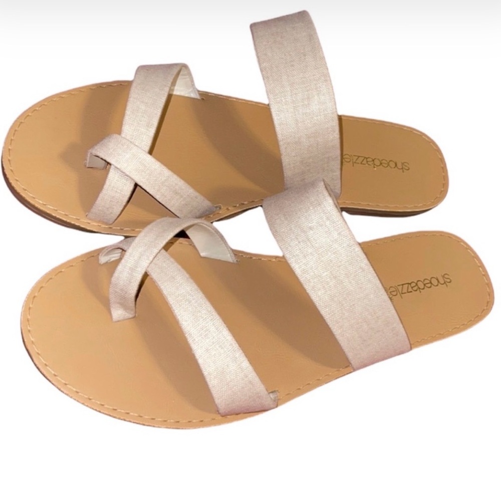 Shoe Dazzle Linen Dual-Strap Slide Sandals in Light Beige